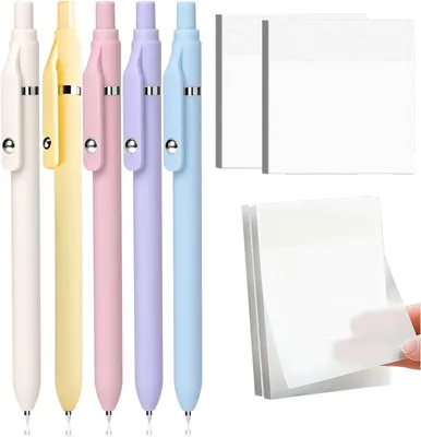 Productafbeelding van Gelpennen met 4 sticky notes - Set van 5 - 0,5 mm gelpen - Zwart en transparante zelfklevende notities - Tekening