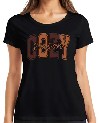 Productafbeelding van Gezellige herfst, hygge, knus, koffie, pompoen, bladeren. Dames T-shirt, zwart, maat XL