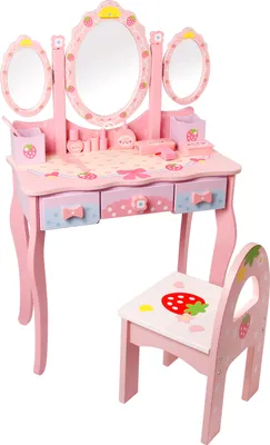 Produktbild von Kinder Schminktisch Holz Mädchen Spiegel Hocker Make-up Tisch Kosmetiktisch, Color:Pink