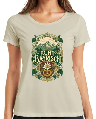 Imagen del producto de Camiseta para mujer con motivos de los Alpes bávaros, flores de Edelweiss, pretzel, lúpulo, lederhosen, dirndl. Color: natural. Talla: L