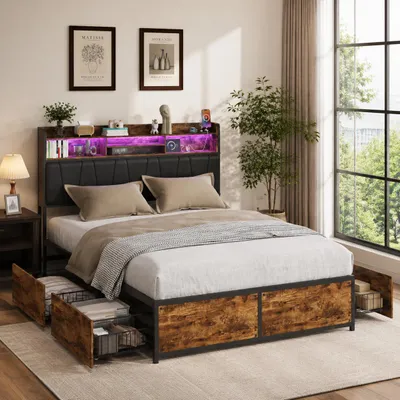 Image de INONEFT, lit rembourré 140x200 avec éclairage LED, ports Type-C et USB, lit en métal pour adolescents avec tête de lit et espace de rangement, 4 tiroirs, revêtement en PU, couleur noire, Image générée par une IA