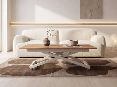 Produktbild von Couchtisch Höhenverstellbar Ausziehbar – Wohnzimmertisch & Esstisch mit Rollen, X-Metallgestell in Kaschmir – 120 x 80 cm bis 160 x 80 cm – Eiche Braun