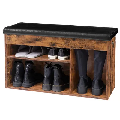 Produktbild von HOOBRO Schuhbank mit Sitzfläche und Stauraum, 82 x 31,5 x 46,5 cm, Vintagebraun, Kunstleder, 150 kg Tragkraft, Schuhbank für Flur, Schuhbank Eingangs