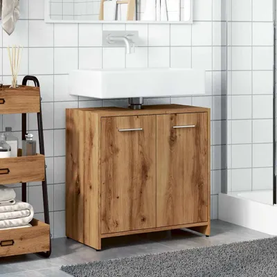 A bathroom vanity with a sink and cabinet, along with a shelving unit to the left.