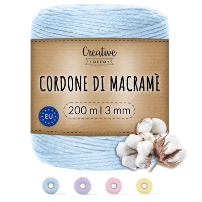 Immagine prodotto di Creative Deco Cotone per Uncinetto 1 Gomitolo 200m Corda Blu Pastello | Filo Cotone 3mm | Fettuccia per Borse a Uncinetto, Decorazione Casa Fai da Te