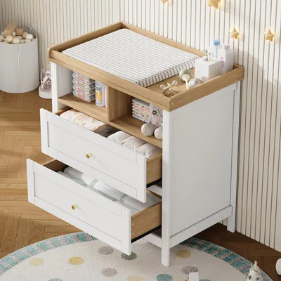 Produktbild von Flieks Wickelkommode mit 2 Schubladen und offenen Staufächern, Wickeltisch mit abnehmbare Sicherheitsleiste, Kommode 82x50x90 cm, Weiß