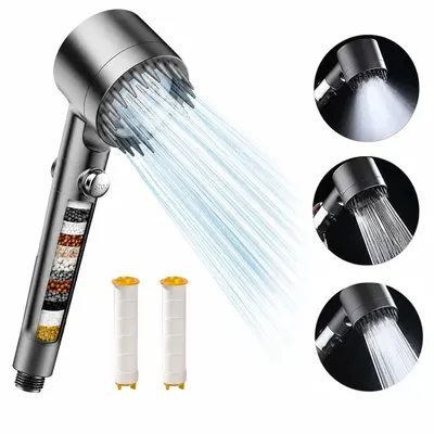 Produktbild von Duschkopf mit Filter, 4 Strahlarten & Hochdruck, Wassersparender Massage Duschkopf mit Silikondüsen inkl. 2 Filterkartuschen