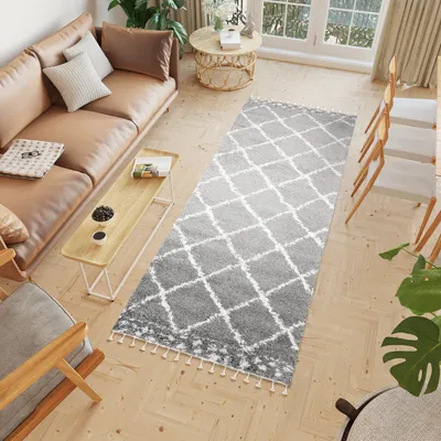 Produktbild von Teppichläufer Flur Teppich Hochflor Langflor Modern Brücke Wohnzimmer Schlafzimmer Design Dunkelgrau Creme Fransen 100 x 150 cm