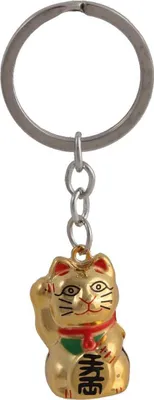 A golden lucky cat keychain is shown against a white background.