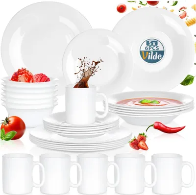 Produktbild von Vilde | Geschirrset - Weiß - 30 Teile - Opalglas - 6 Personen - Tiefe Teller - Flache Teller - Dessertteller - Becher - Schälchen