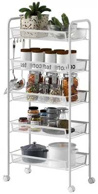 Productafbeelding van HOMCOM Serviekraam, rolbaar, met 5 etages, 5 manden, handgreep, geschikt voor de keuken, wit