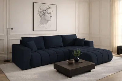 Productafbeelding van Kaiser Möbel hoekbank met slaapfunctie en bedopslag, model MILO PREMIUM, stof WIND, donkerblauw, rechts