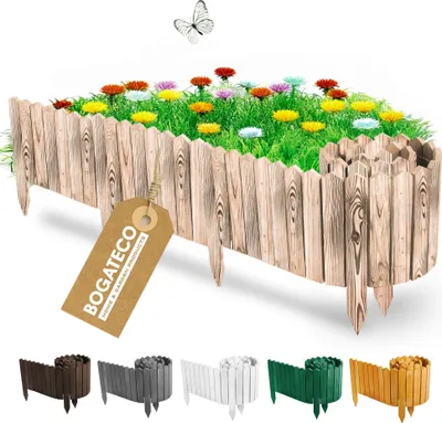 Produktbild von BOGATECO Beeteinfassung Holz Rollborder Holzlatten | Rollzaun 10cm Hoch & 200cm lang | Holz-Zaun | Staketenzaun Perfekt als Beet-Umrandung oder Weg-Abgrenzung | Geflammte