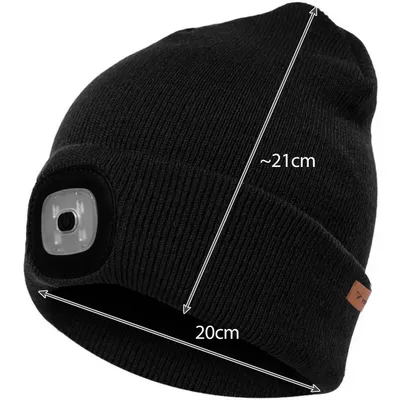 A black beanie with a built-in LED light is shown with dimensions indicated.