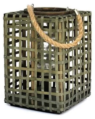 Imagen del producto de Portavelas cuadrado con cesta, color verde, con asa de cuerda y recipiente de vidrio