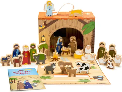 Produktbild von yoamo Spielkrippe Spielkoffer für Kinder mit Holzfiguren in hochwertigem Aufbewahrungs-Koffer mit Weihnachts-Geschichte, 26-teilig (1 Set)
