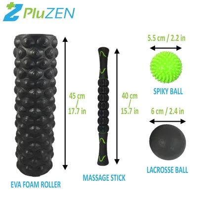 Produktbild von Faszien-Set mit Schaumstoffrolle 45 cm, Massagestick mit 7 Rollen, Faszienbälle, für Selbstmassage