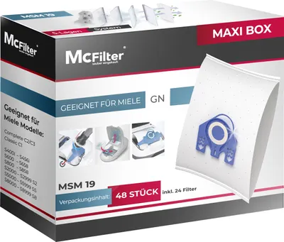 Produktbild von McFilter | 48 Staubsaugerbeutel geeignet für Miele Staubsauger GN Serie S2 S4 S5 S6 S8, C1, C2/C3, S 8340, S 8360 | inkl. 24 Filter | MAXI BOX
