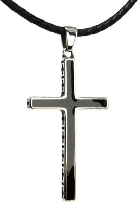 Produktbild von Lederkette Edelstahlkette 316L SCHWARZ KREUZ 60 cm Leder 04-02