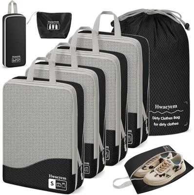 Productafbeelding van Koffer organizer set van 8, compressie packing cubes met dubbele rits, zwart, voor reizen