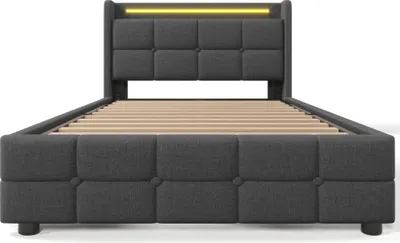 Produktbild von Polsterbett 90x200cm Einzelbett (Ohne Matratze) Stauraumbett Grau Leinen Mit USB Ladefunktion und LED-Beleuchtung und 2 Schubladen