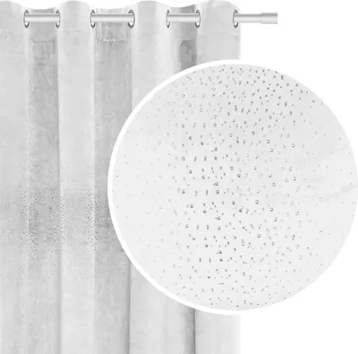 A white velvet curtain with crystal embellishments is shown hanging from a rod, with a close-up inset highlighting the crystal details.