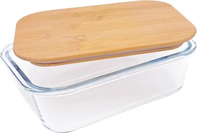 Produktbild von Steuber Glas Frischhaltedose mit Bambusdeckel, 370 ml, rechteckig, Aufbewahrungsdose, Aufbewahrungsbox aus Glas, Brotzeitbox