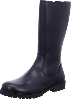 A black leather boot on a white background.