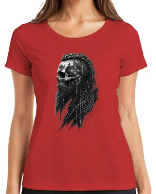 Productafbeelding van Wikings: T-shirt met afbeelding van een Viking schedel, baard, runen, afbeelding van Noormannen, Valhalla, krijger, Odin. Rood, maat L