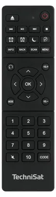 A black remote control with various buttons and the brand name 'TechniSat' at the bottom.