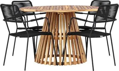 Produktbild von Lumpur Gartenset Tisch Ø120cm natur, 4 Stühle schwarz.