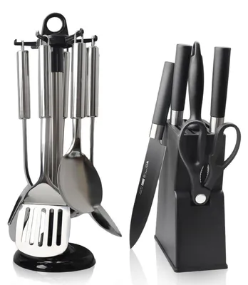 Produktbild von Küchenhelfer Set 12-teilig mit Messerblock, 5 Messern, Wetzstein, Edelstahl