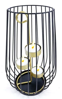 Produktbild von Metall Windlicht schwarz 3 Teelichte Teelichthalter Kerzenhalter Kerzenständer