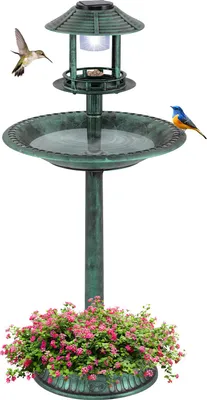 Produktbild von COSTWAY Vogeltränke mit Solarleuchte, Blumentopf, Vogelfutterhaus & Ständer, Futterspender Vogelfutterspender Retro, Vogelbad, Ø50x107cm Grün