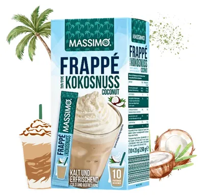 Produktbild von MASSIMO Frappé Kokosnuss 250g (10 Sticks á 25g) - Köstliches Instant Getränkepulver mit Instant-Kaffee, koffeinhaltig, schnelle Zubereitung