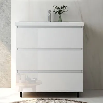 Produktbild von Badmöbel Set 80 cm Alast Hochglanz Weiß Rechteckiges Waschbecken mit Unterschrank Hängeschrank mit Schrankfüße Softclose