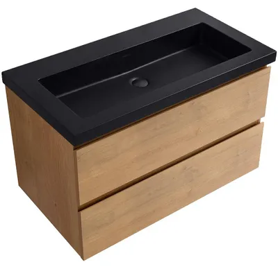 Productafbeelding van CERANO - Badkamerkast Carole - notenhoutkleur + wastafel van composietmarmer Ovo - mat zwart - 80,5x53x46,5 cm