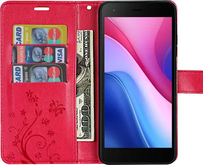 A red flip case for a smartphone, showing credit cards and a banknote inserted into the case.
