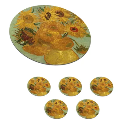 Obrázok produktu pre MuchoWow® Okrúhly sklenený podšálok, sada 6 ks Slnečnice - obraz od Vincenta van Gogha 10x10x0.3cm Podložky pod poháre - podložky pod nápoje - ochrana