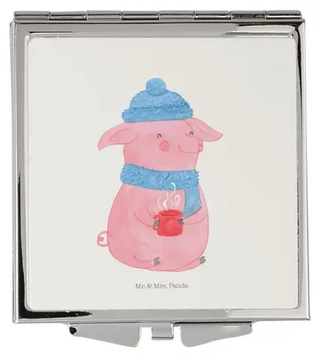 Produktbild von Mr. & Mrs. Panda Schminkspiegel Schweinchen Glühwein - Weiß - Geschenk, Weihnachten, Kosmetikspiegel, Quadratischer Spiegel, Handspiegel, Spruch, Weihnachtsmarkt, klein