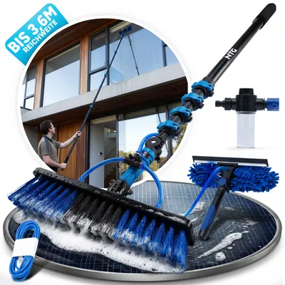 Produktbild von Teleskop Waschbürste bis zu 7m 3-in-1 Bürstenkopf | Abzieher + Wasseranschluss | Innovation mit Zugventil 3,6 Meter