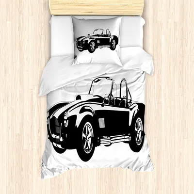 Produktbild von ABAKUHAUS Autos Mantele, Classic Car Silhouette, Milbensicher Allergiker geeignet mit Kissenbezügen, 135 cm x 200 cm - 80 x 80 cm, Schwarz-Weiss