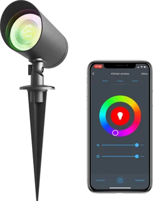 Produktbild von Calex Smart Outdoor LED Bodenstrahler, GU10, RGB-Farben & kalt- bis warmweiß Licht, dimmbar, wasserdicht, WLAN App- & Sprachsteuerung, inklusiv smart GU10-Lichtquelle, mit Erdspieß, Schwarz
