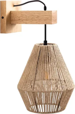 A wall lamp with a wooden base and a rope shade.