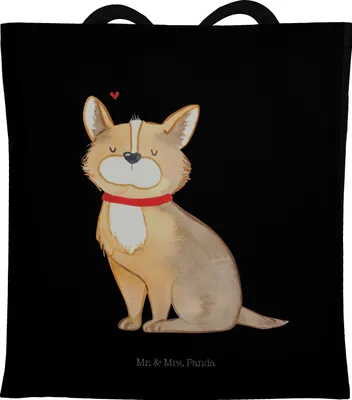 Produktbild von Mr. & Mrs. Panda Tote Bag Hund Glück - Schwarz - Geschenk, Jutebeutel, Liebe, Baumwollbeutel, Tasche, Corgie, Sprüche, Shopping, Herz, Einkaufstüte, Laptoptasche, Spruch