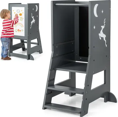 Produktbild von GOPLUS Lernturm Kinder, Mehrzweck-Tritthocker aus Holz mit 3 verstellbare Höhen, Lernstuhl Baby mit Whiteboard, Tafel, 3 Stiften, für Kinder ab 1 Jahren, 37 x 50 x 87 cm (Grau)
