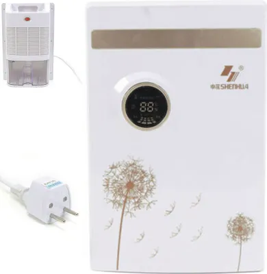 A white electric dehumidifier with a dandelion motif and a digital display, shown with a power plug.
