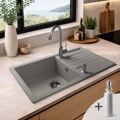 Produktbild von LINDBERGH® Granitspüle Schwarz "PRO33" inkl. Siphon + Seifenspender Küchenspüle Einbauspüle KÜCHE Spüle