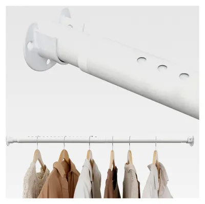 Produktbild von Kleiderstange für Schränke, ausziehbar von 40-212 cm, weiße Schrankstange mit 2 U-förmigen Halterungen für Garderoben, Waschräume und Wohnmobile