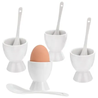 Image de Supports à œufs en porcelaine - Lot de 4 - Blanc - Avec cuillère